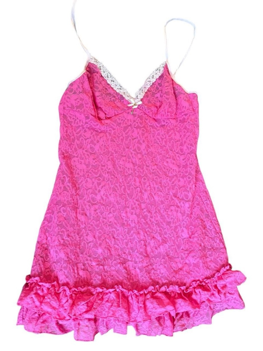 Y2K Victoria's Secret Hot Pink Lace Chemise with White Trim